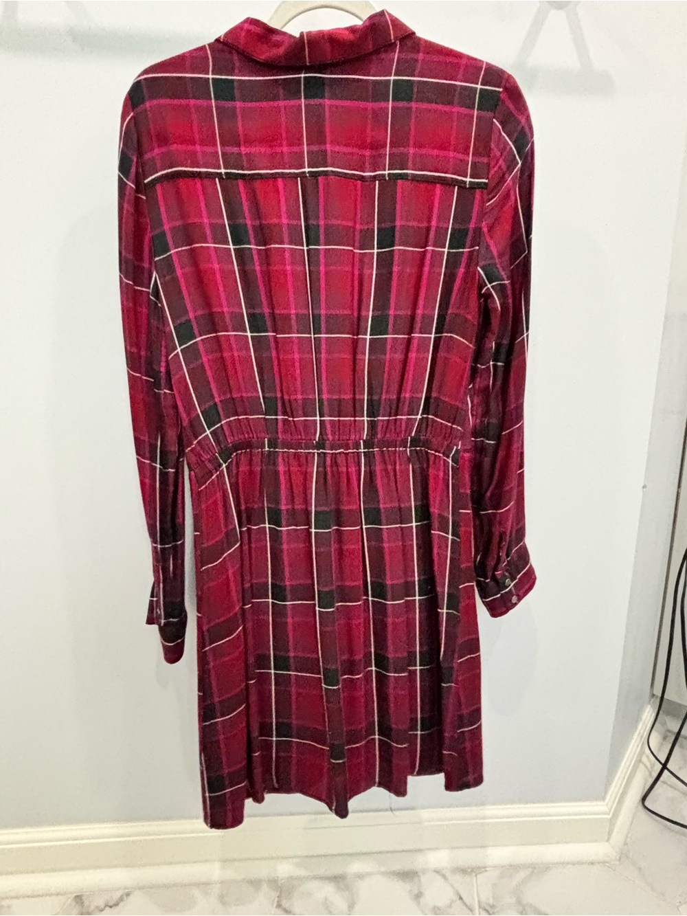 Express Red Plaid Tie-Front Long Sleeve Shirt Dress - Picture 5 of 5
